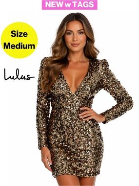 NEW w TAGS 🏷️ LULUS Gold Sequins Long Sleeve V-Neck Mini Dress (Women’s  Medium)